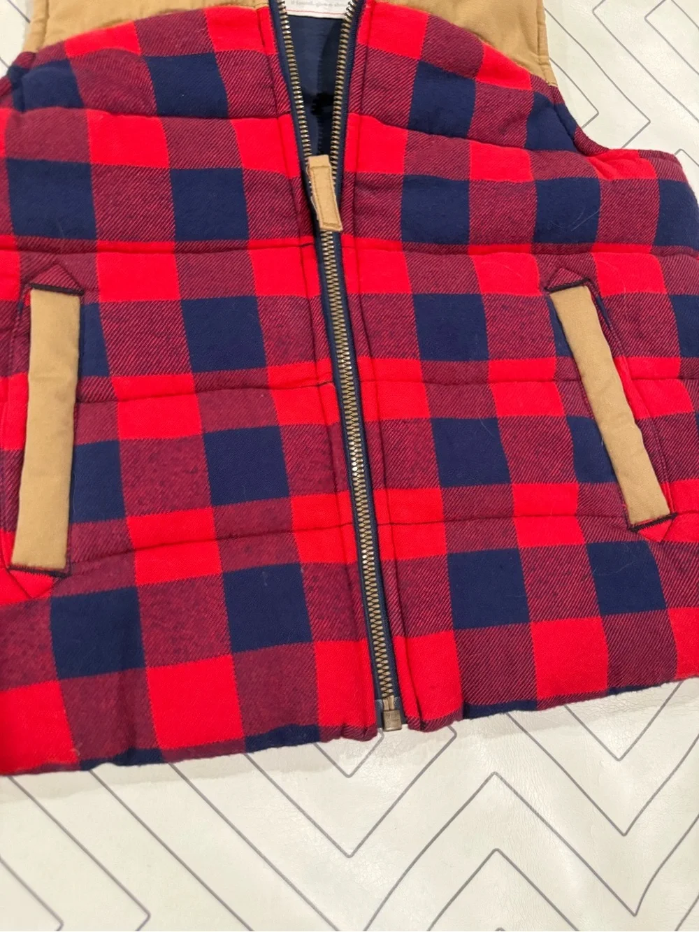 Hana Andersson Navy and Red Plaid Hooded Vest